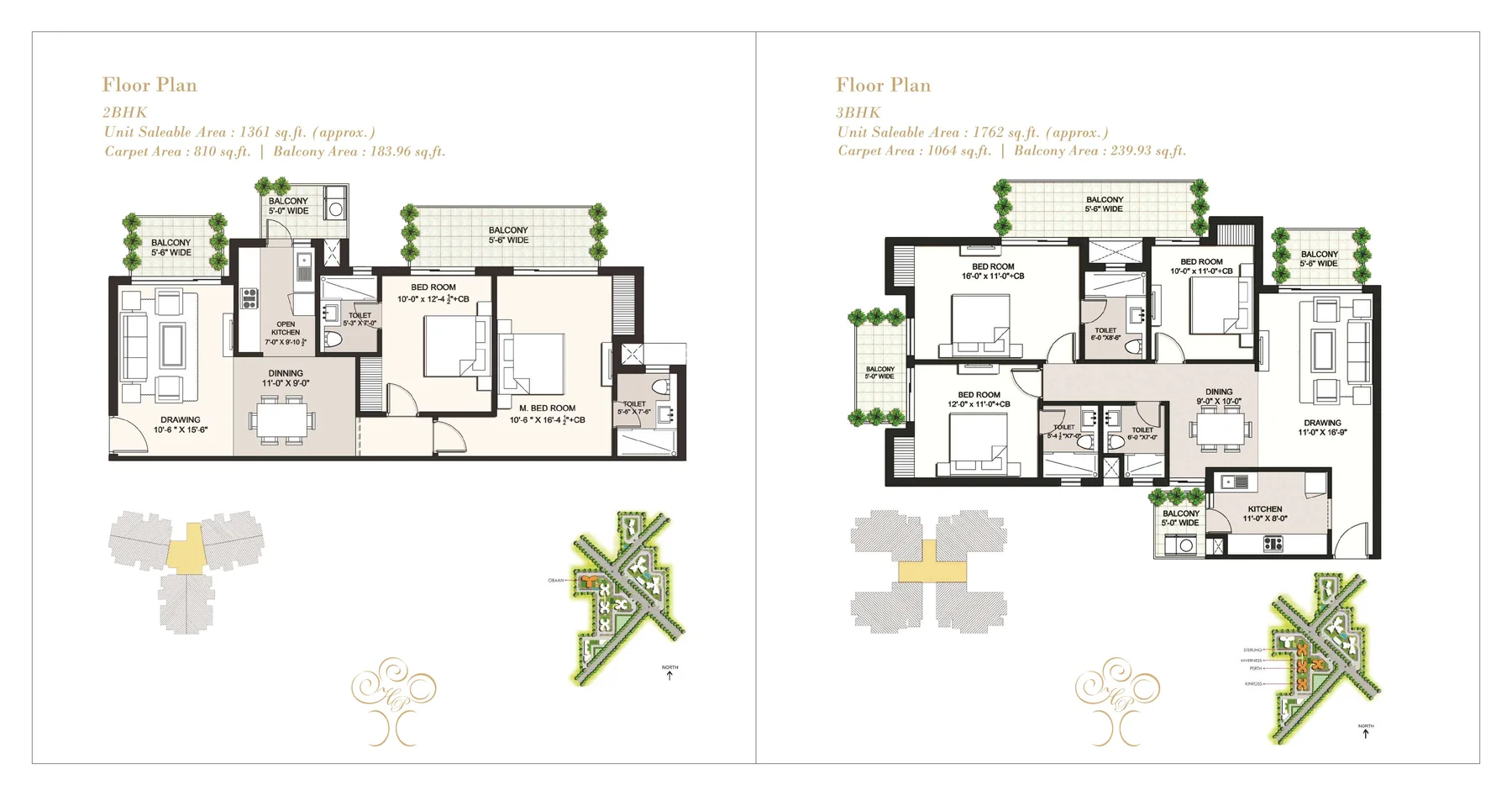 Ansals Highland Park 1361 sq ft 2 BHK and 1762 sq ft 3 BHK brochure floor plans