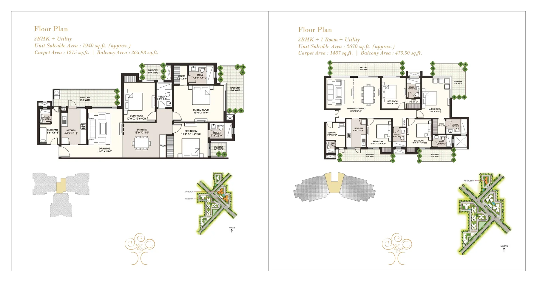 Ansals Highland Park 1940 sq ft 3 BHK utility and 2670 sq ft large family brochure floor plans