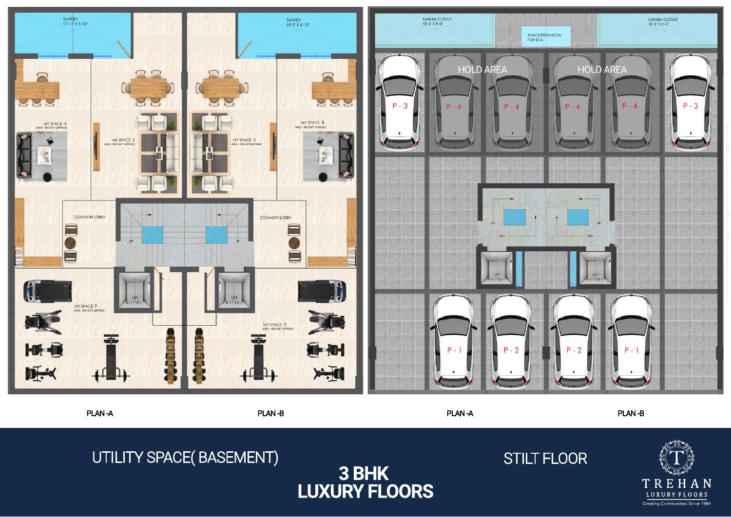 Basement utility-space allocation and stilt-parking layouts from the brochure