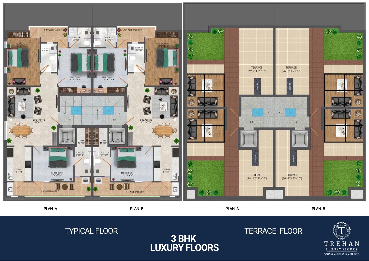 Typical 3 BHK layout and terrace allocation shown in the brochure