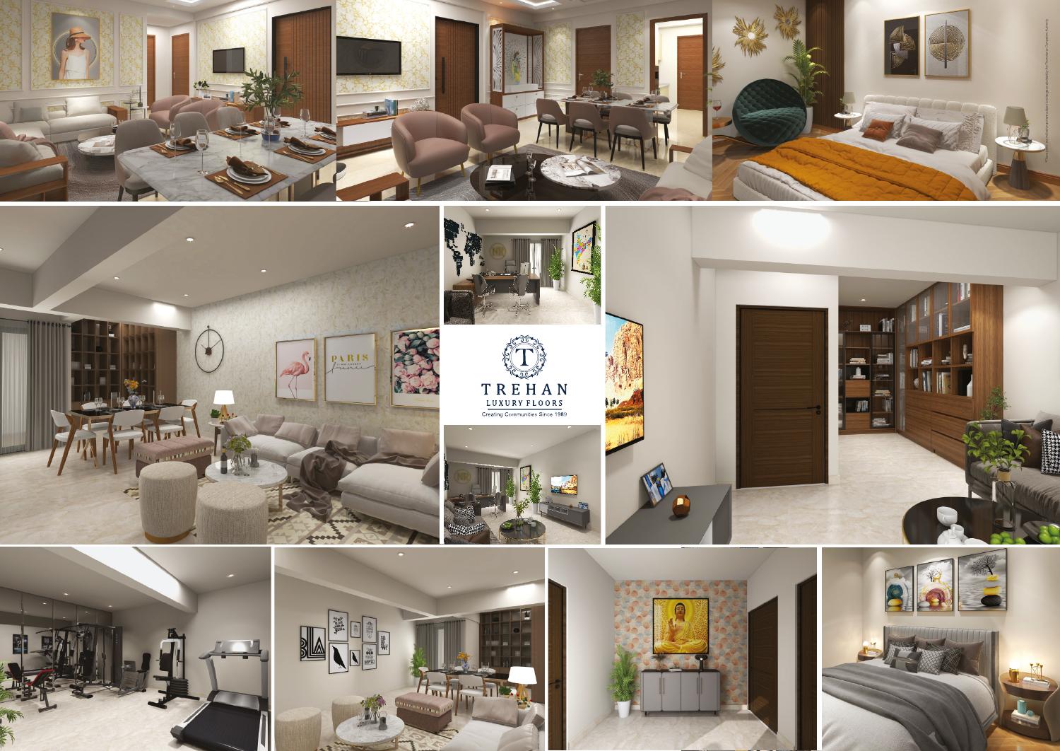 Illustrative living room, bedroom, kitchen and utility-space interiors from the brochure