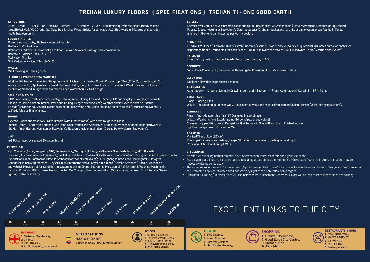 Brochure specification sheet covering finishes, kitchen, security, lift and electrical provisions